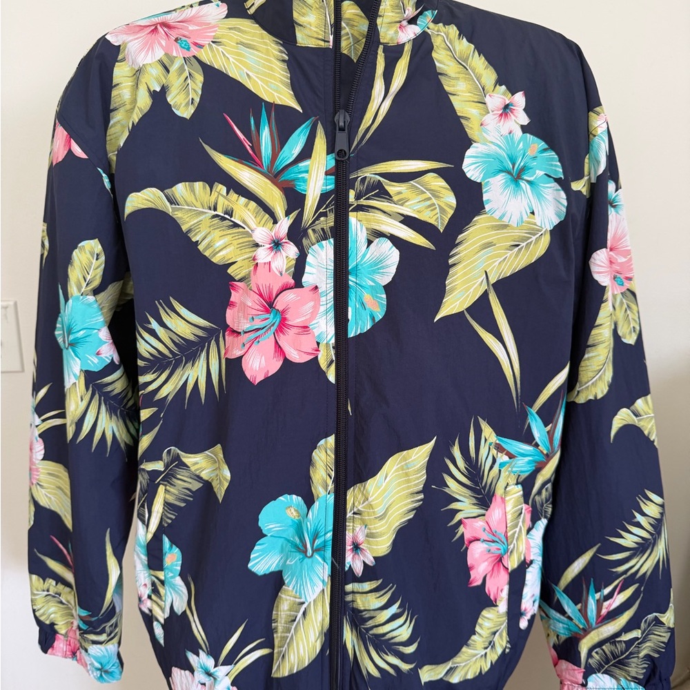 Club Room Navy Jacket with Coral and Teal Floral Print size L NWT
